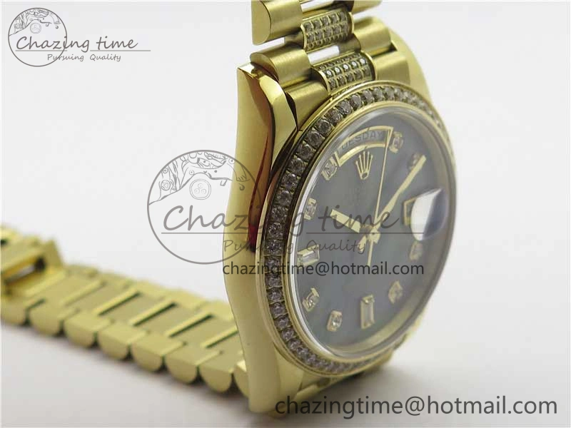 Day-Date 36mm 128235 YG Crystal BP Best Edition Gray MOP Crystal Marker Dial on YG President Bracelet A2836