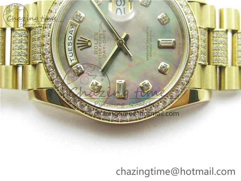 Day-Date 36mm 128235 YG Crystal BP Best Edition Gray MOP Crystal Marker Dial on YG President Bracelet A2836
