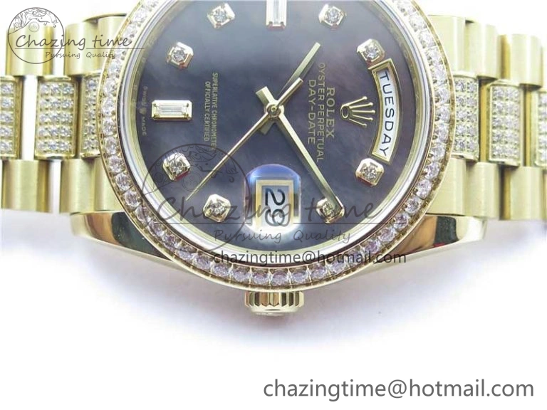 Day-Date 36mm 128235 YG Crystal BP Best Edition Gray MOP Crystal Marker Dial on YG President Bracelet A2836