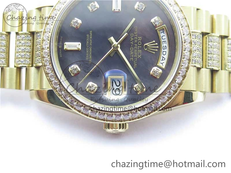 Day-Date 36mm 128235 YG Crystal BP Best Edition Gray MOP Crystal Marker Dial on YG President Bracelet A2836