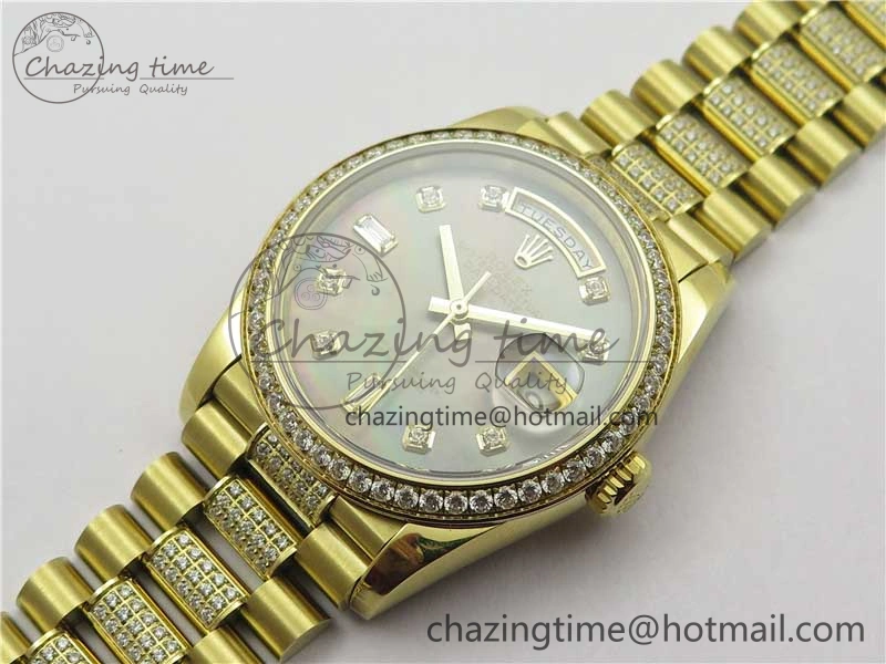 Day-Date 36mm 128235 YG Crystal BP Best Edition Gray MOP Crystal Marker Dial on YG President Bracelet A2836