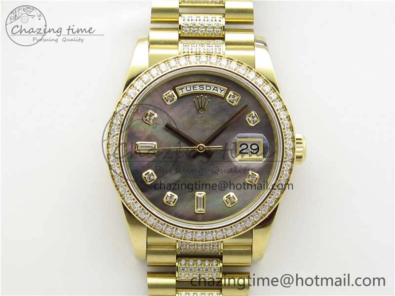Day-Date 36mm 128235 YG Crystal BP Best Edition Gray MOP Crystal Marker Dial on YG President Bracelet A2836