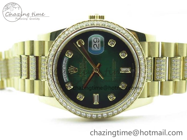 Day-Date 36mm 128235 YG Crystal BP Best Edition Green Crystal Marker Dial on YG President Bracelet A2836