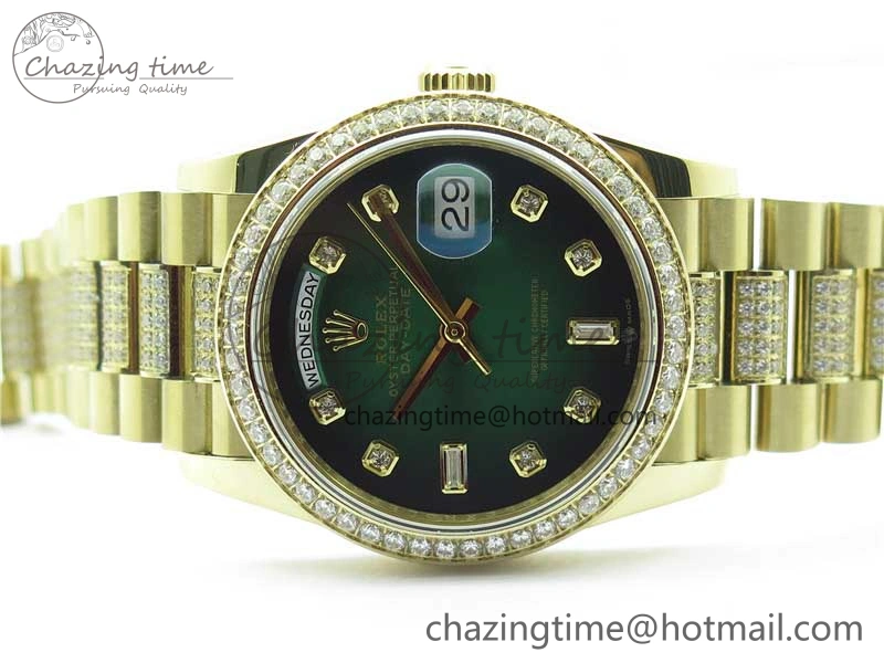Day-Date 36mm 128235 YG Crystal BP Best Edition Green Crystal Marker Dial on YG President Bracelet A2836