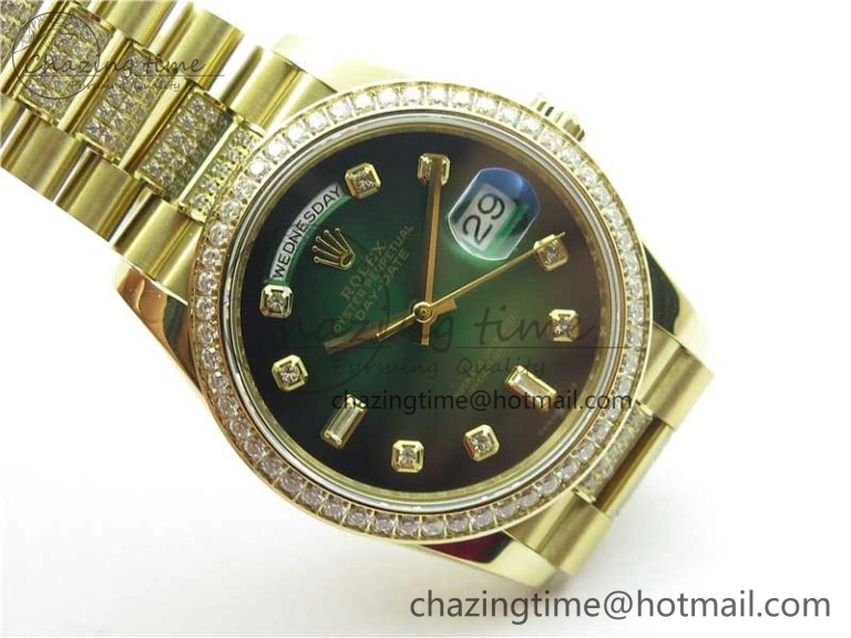 Day-Date 36mm 128235 YG Crystal BP Best Edition Green Crystal Marker Dial on YG President Bracelet A2836