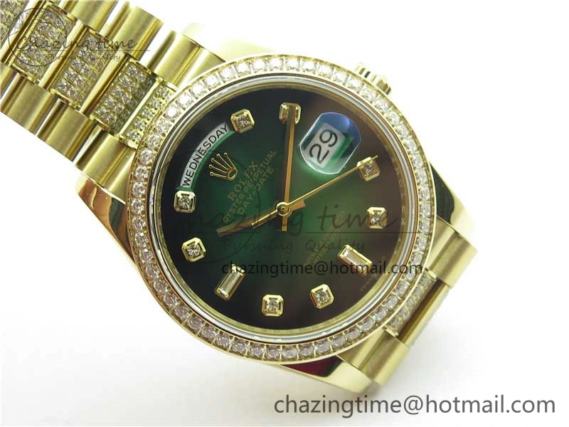 Day-Date 36mm 128235 YG Crystal BP Best Edition Green Crystal Marker Dial on YG President Bracelet A2836
