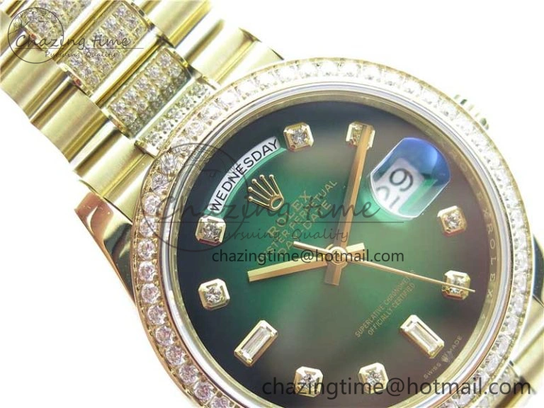 Day-Date 36mm 128235 YG Crystal BP Best Edition Green Crystal Marker Dial on YG President Bracelet A2836