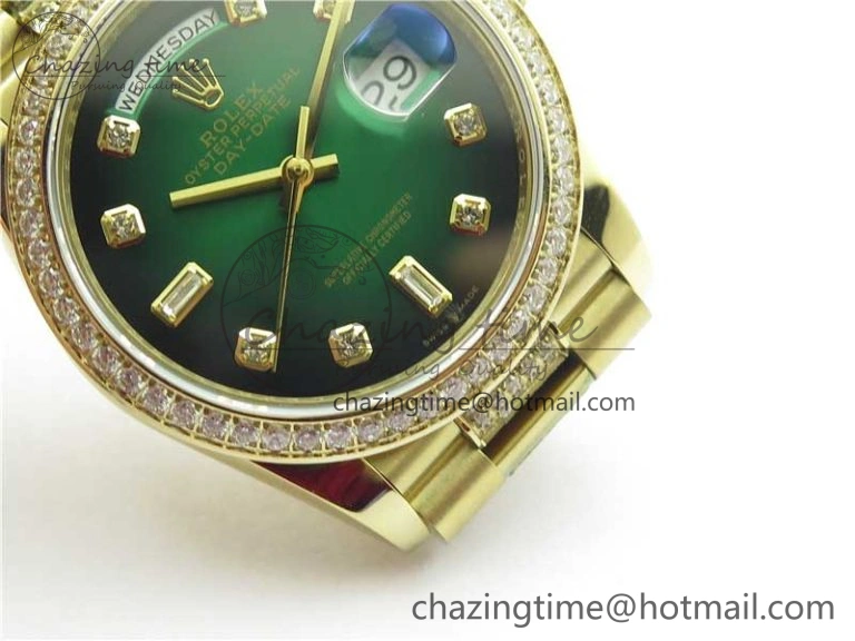 Day-Date 36mm 128235 YG Crystal BP Best Edition Green Crystal Marker Dial on YG President Bracelet A2836