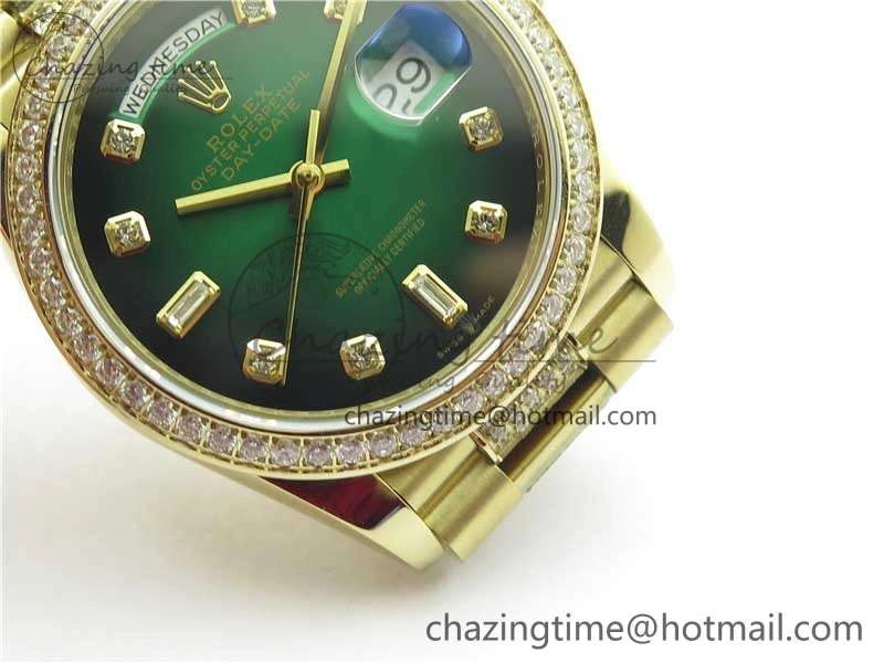 Day-Date 36mm 128235 YG Crystal BP Best Edition Green Crystal Marker Dial on YG President Bracelet A2836
