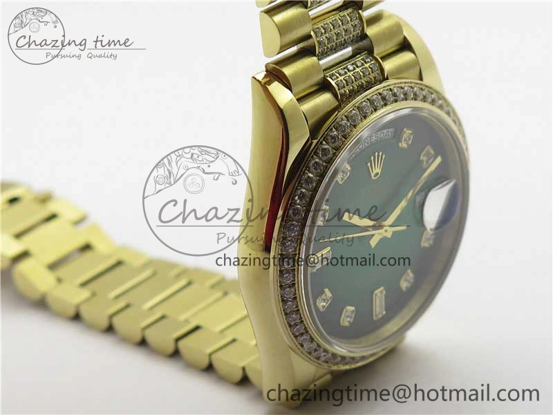 Day-Date 36mm 128235 YG Crystal BP Best Edition Green Crystal Marker Dial on YG President Bracelet A2836