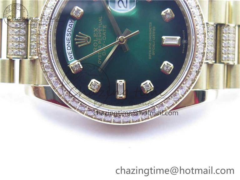Day-Date 36mm 128235 YG Crystal BP Best Edition Green Crystal Marker Dial on YG President Bracelet A2836