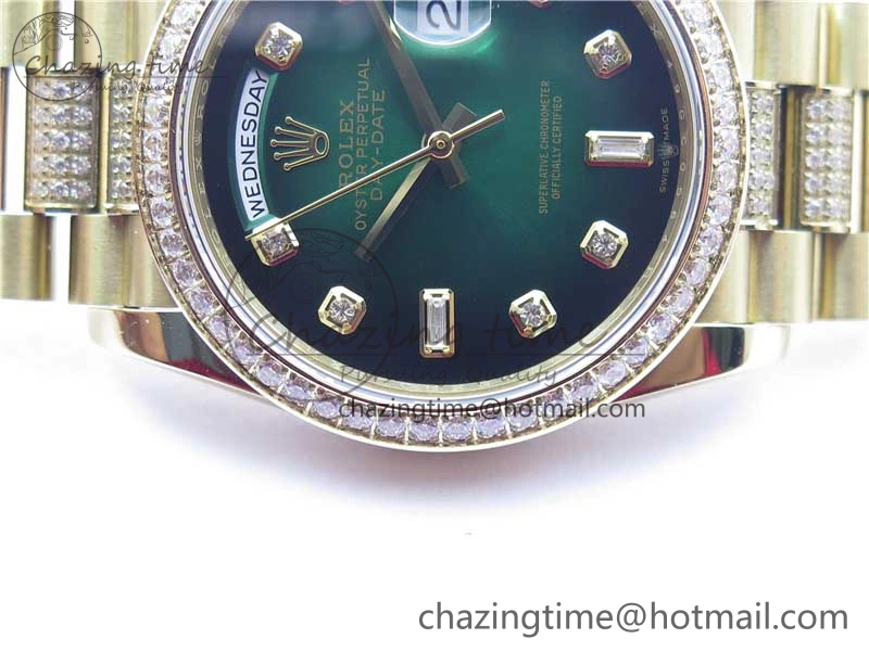 Day-Date 36mm 128235 YG Crystal BP Best Edition Green Crystal Marker Dial on YG President Bracelet A2836