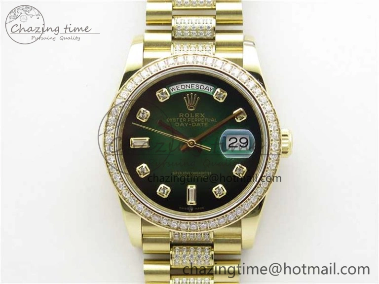 Day-Date 36mm 128235 YG Crystal BP Best Edition Green Crystal Marker Dial on YG President Bracelet A2836