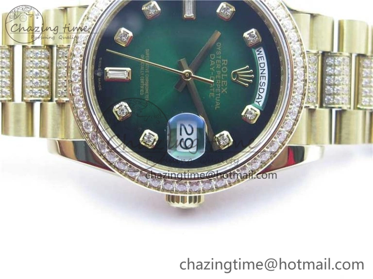 Day-Date 36mm 128235 YG Crystal BP Best Edition Green Crystal Marker Dial on YG President Bracelet A2836