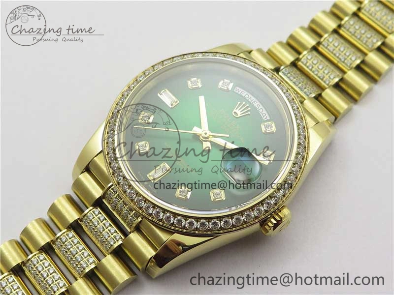 Day-Date 36mm 128235 YG Crystal BP Best Edition Green Crystal Marker Dial on YG President Bracelet A2836