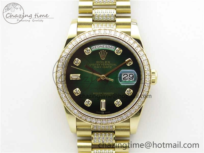 Day-Date 36mm 128235 YG Crystal BP Best Edition Green Crystal Marker Dial on YG President Bracelet A2836