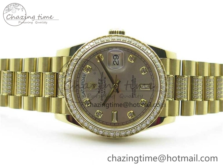Day-Date 36mm 128235 YG Crystal BP Best Edition Silver Crystal Marker Dial on YG President Bracelet A2836