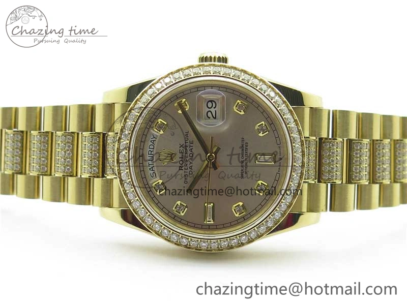 Day-Date 36mm 128235 YG Crystal BP Best Edition Silver Crystal Marker Dial on YG President Bracelet A2836