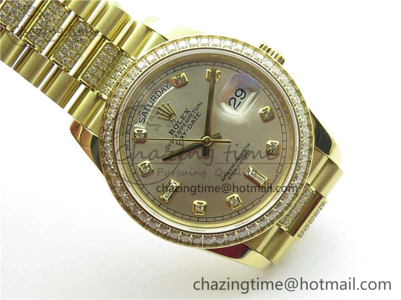 Day-Date 36mm 128235 YG Crystal BP Best Edition Silver Crystal Marker Dial on YG President Bracelet A2836
