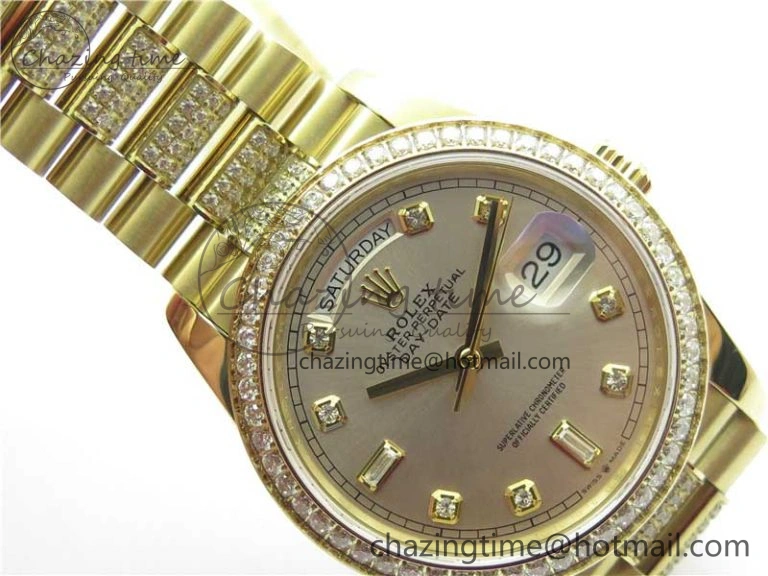 Day-Date 36mm 128235 YG Crystal BP Best Edition Silver Crystal Marker Dial on YG President Bracelet A2836