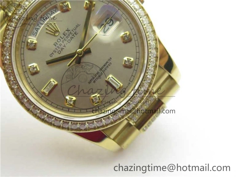 Day-Date 36mm 128235 YG Crystal BP Best Edition Silver Crystal Marker Dial on YG President Bracelet A2836