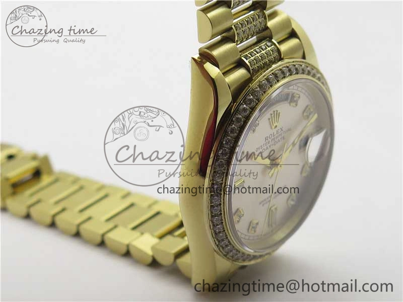 Day-Date 36mm 128235 YG Crystal BP Best Edition Silver Crystal Marker Dial on YG President Bracelet A2836