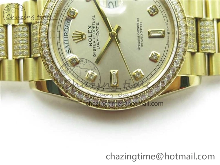 Day-Date 36mm 128235 YG Crystal BP Best Edition Silver Crystal Marker Dial on YG President Bracelet A2836