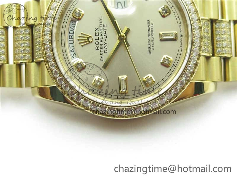 Day-Date 36mm 128235 YG Crystal BP Best Edition Silver Crystal Marker Dial on YG President Bracelet A2836