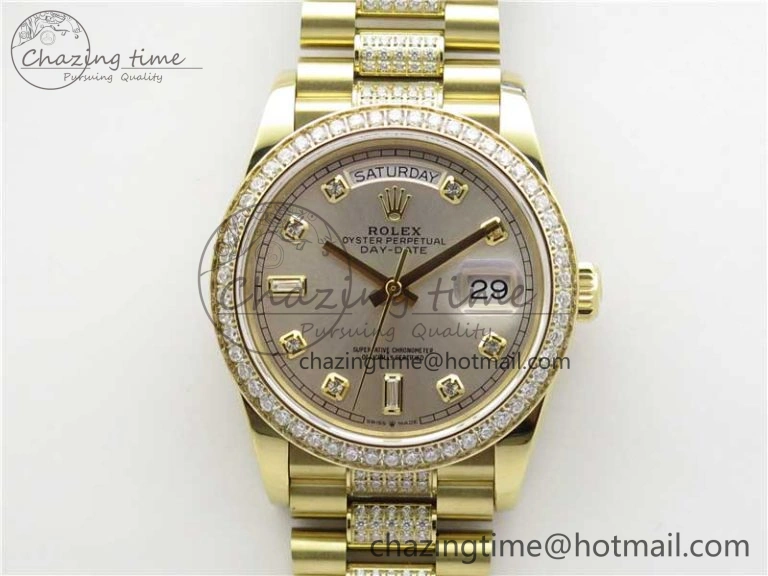 Day-Date 36mm 128235 YG Crystal BP Best Edition Silver Crystal Marker Dial on YG President Bracelet A2836