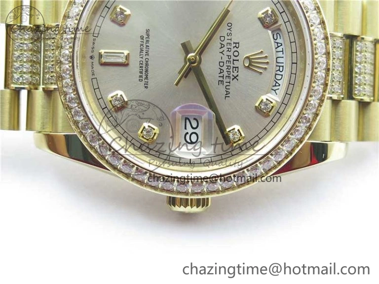 Day-Date 36mm 128235 YG Crystal BP Best Edition Silver Crystal Marker Dial on YG President Bracelet A2836