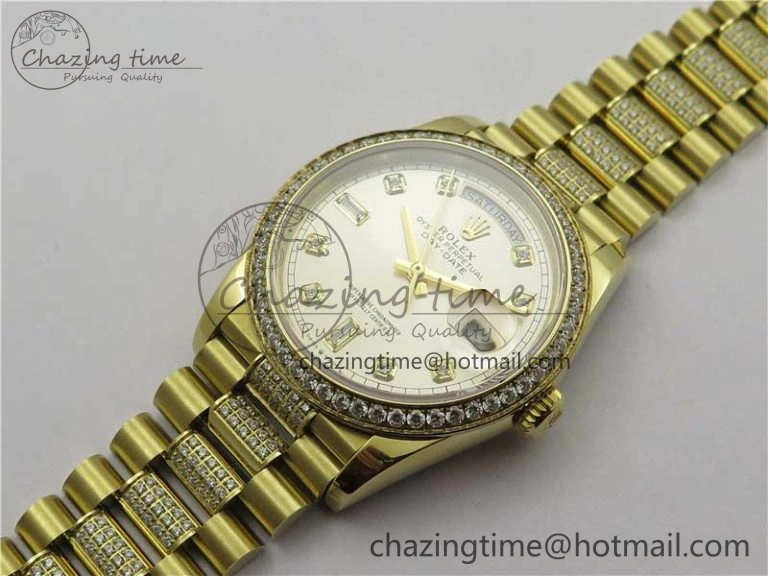 Day-Date 36mm 128235 YG Crystal BP Best Edition Silver Crystal Marker Dial on YG President Bracelet A2836