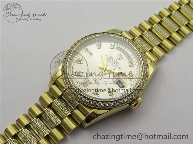 Day-Date 36mm 128235 YG Crystal BP Best Edition Silver Crystal Marker Dial on YG President Bracelet A2836