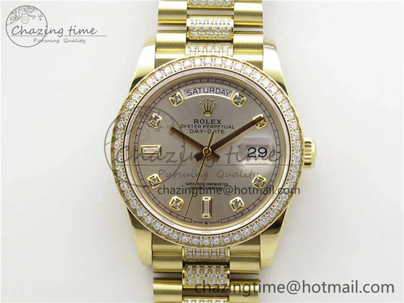 Day-Date 36mm 128235 YG Crystal BP Best Edition Silver Crystal Marker Dial on YG President Bracelet A2836