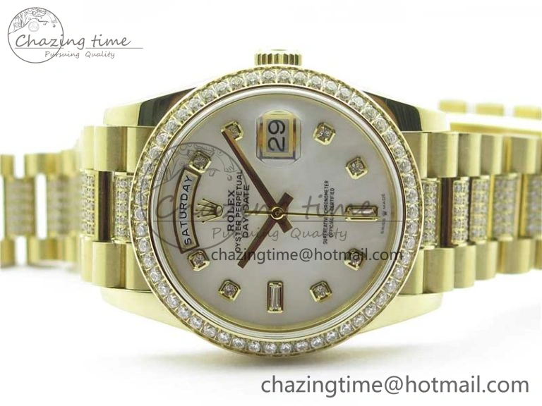 Day-Date 36mm 128235 YG Crystal BP Best Edition White MOP Crystal Marker Dial on YG President Bracelet A2836