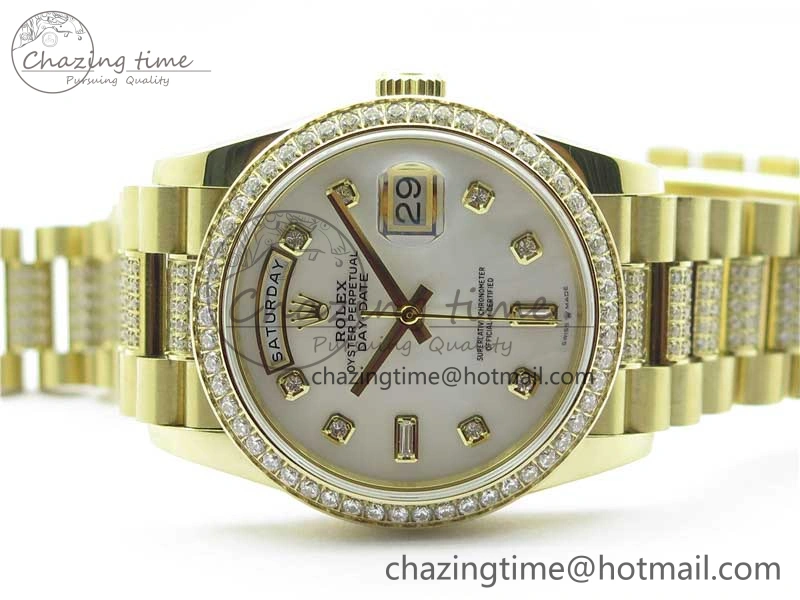 Day-Date 36mm 128235 YG Crystal BP Best Edition White MOP Crystal Marker Dial on YG President Bracelet A2836