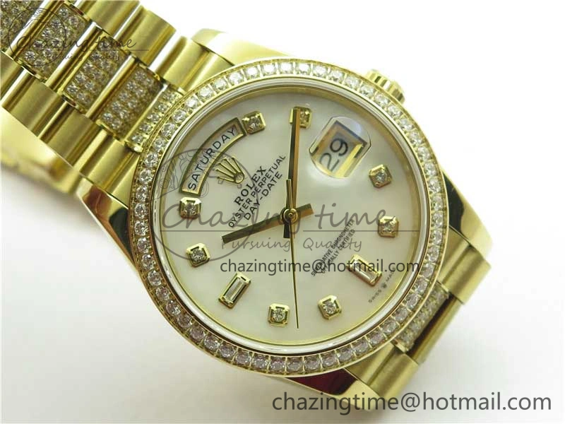Day-Date 36mm 128235 YG Crystal BP Best Edition White MOP Crystal Marker Dial on YG President Bracelet A2836