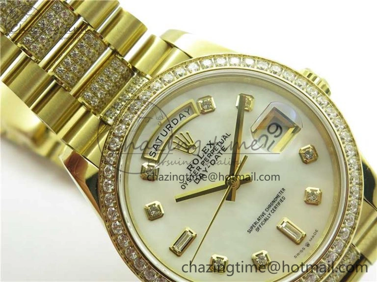 Day-Date 36mm 128235 YG Crystal BP Best Edition White MOP Crystal Marker Dial on YG President Bracelet A2836