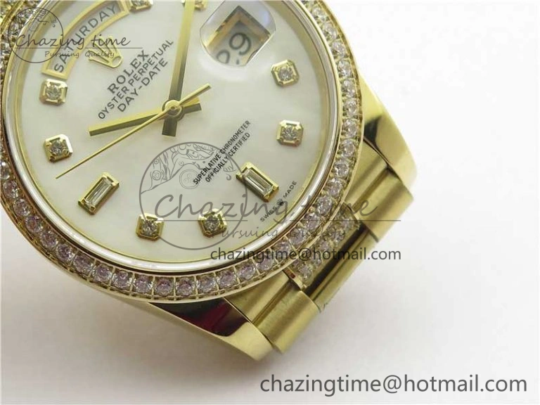 Day-Date 36mm 128235 YG Crystal BP Best Edition White MOP Crystal Marker Dial on YG President Bracelet A2836