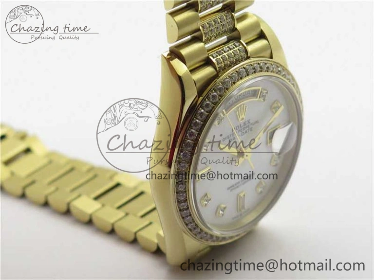 Day-Date 36mm 128235 YG Crystal BP Best Edition White MOP Crystal Marker Dial on YG President Bracelet A2836