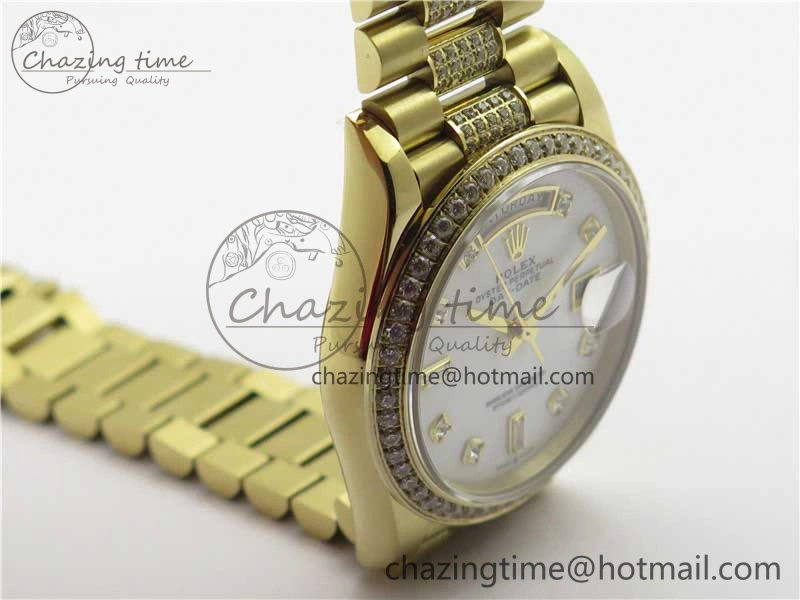 Day-Date 36mm 128235 YG Crystal BP Best Edition White MOP Crystal Marker Dial on YG President Bracelet A2836