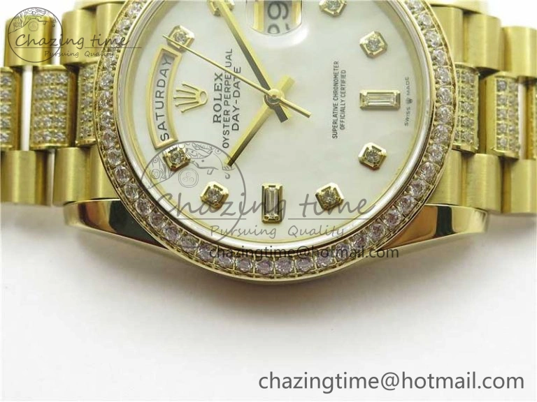 Day-Date 36mm 128235 YG Crystal BP Best Edition White MOP Crystal Marker Dial on YG President Bracelet A2836