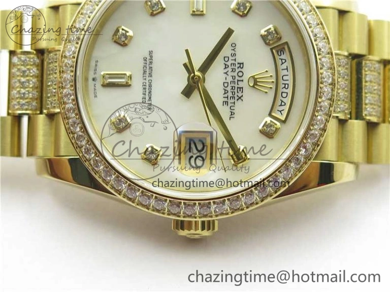 Day-Date 36mm 128235 YG Crystal BP Best Edition White MOP Crystal Marker Dial on YG President Bracelet A2836