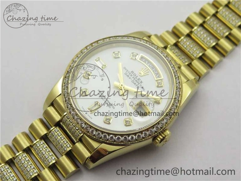 Day-Date 36mm 128235 YG Crystal BP Best Edition White MOP Crystal Marker Dial on YG President Bracelet A2836