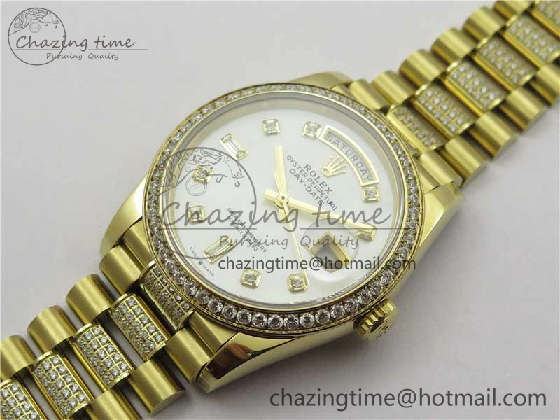 Day-Date 36mm 128235 YG Crystal BP Best Edition White MOP Crystal Marker Dial on YG President Bracelet A2836