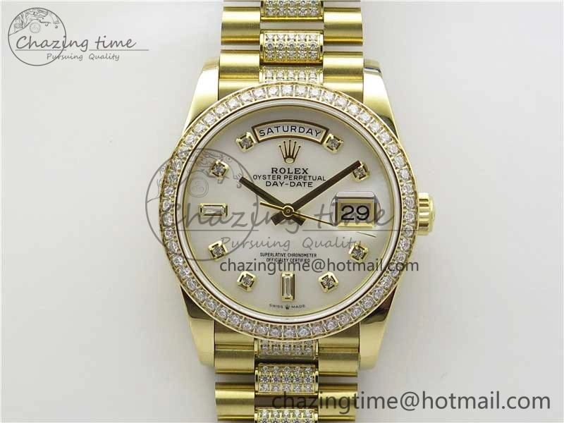 Day-Date 36mm 128235 YG Crystal BP Best Edition White MOP Crystal Marker Dial on YG President Bracelet A2836