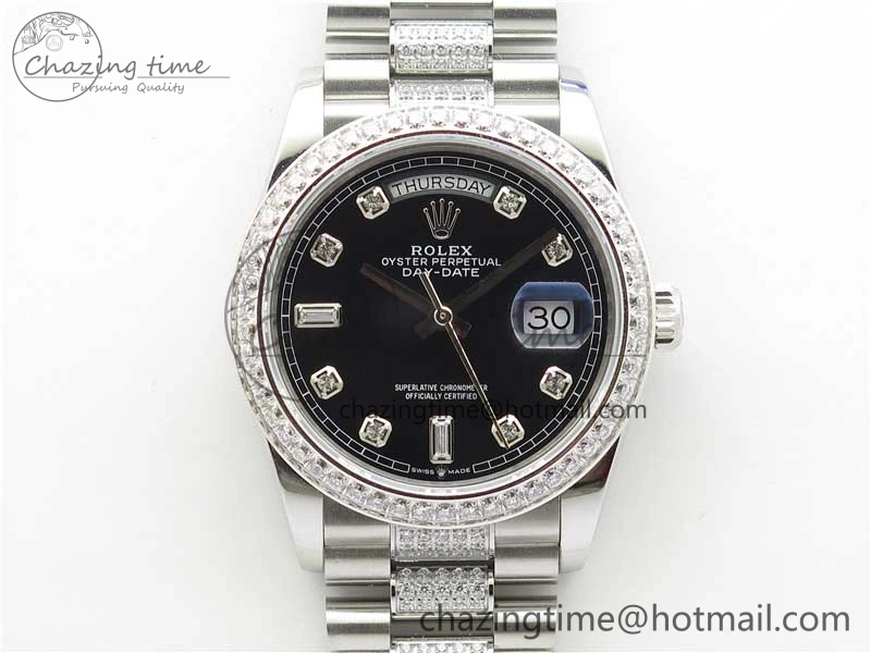 Day-Date 36mm 128239 SS Crystal BP Best Edition Black Crystal Marker Dial on SS President Bracelet A2836