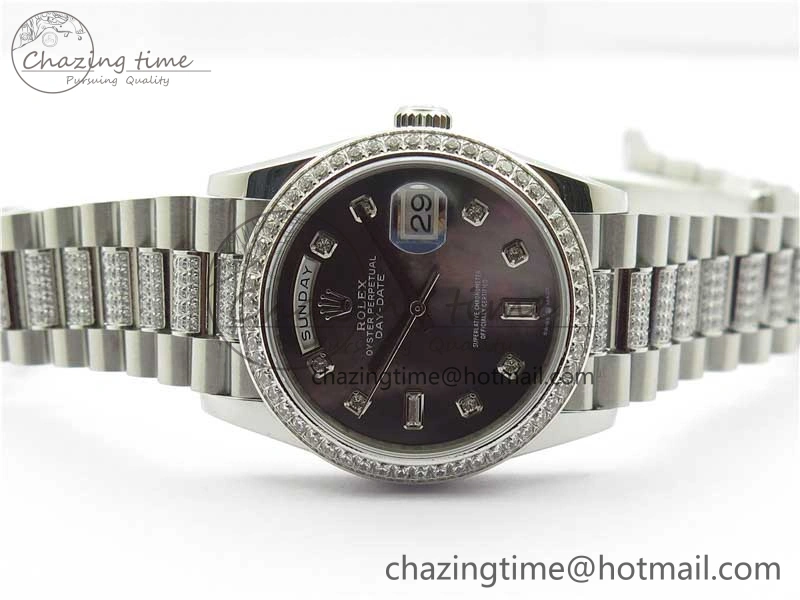 Day-Date 36mm 128239 SS Crystal BP Best Edition Black MOP Crystal Marker Dial on SS President Bracelet A2836