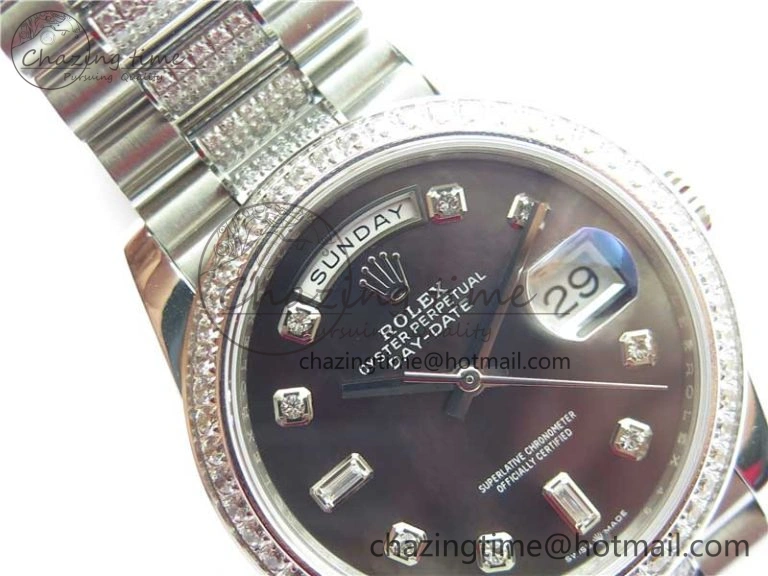 Day-Date 36mm 128239 SS Crystal BP Best Edition Black MOP Crystal Marker Dial on SS President Bracelet A2836