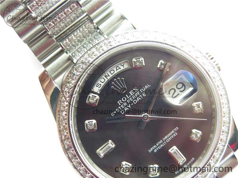 Day-Date 36mm 128239 SS Crystal BP Best Edition Black MOP Crystal Marker Dial on SS President Bracelet A2836