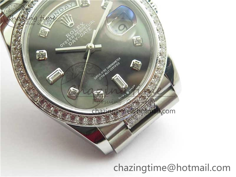 Day-Date 36mm 128239 SS Crystal BP Best Edition Black MOP Crystal Marker Dial on SS President Bracelet A2836